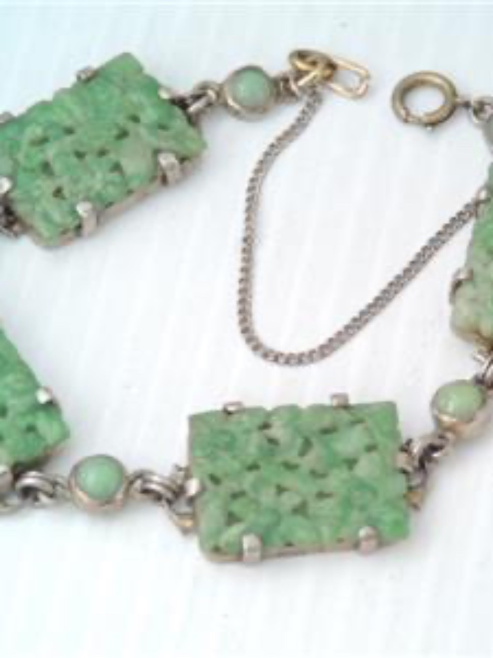 ANTIQUE CHINESE STERLING SILVER CARVED GREEN JADE BRACELET FLORAL DESIGN